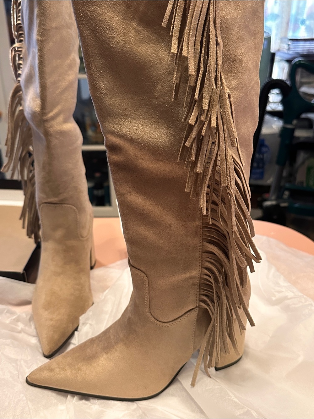 NWT Madden Girl Beige Shakke Fringe Knee-High Block Heel Boots - Picture 10 of 13